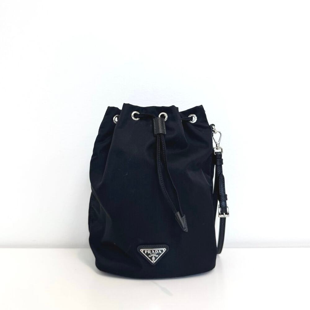 PRADA Black Nylon Drawstring Bucket Bag Pouch Silver Logo Leather Wristlet